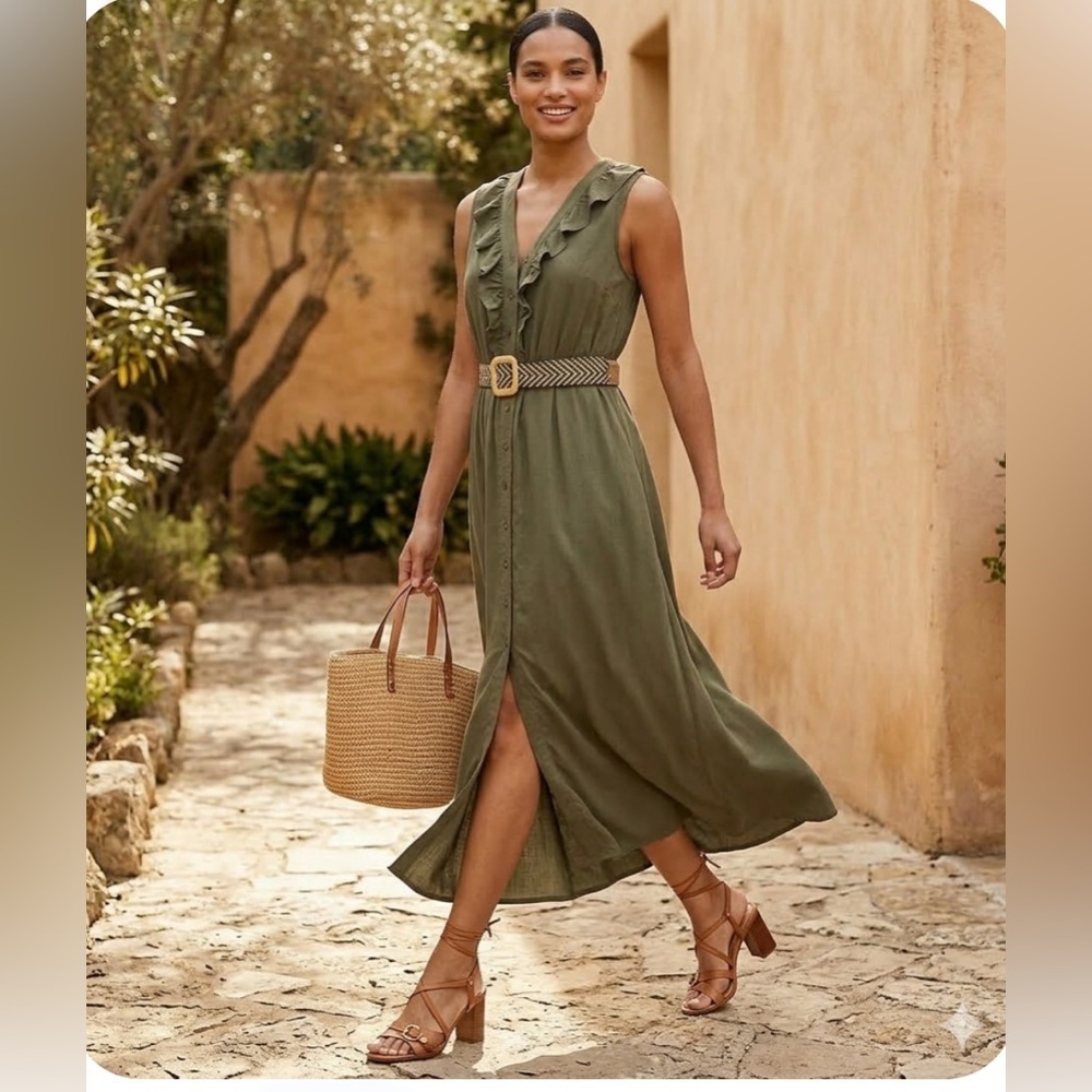 Ellen Tracy Olive Green Linen Blend Ruffle Maxi Dress with Belt NWT Size M